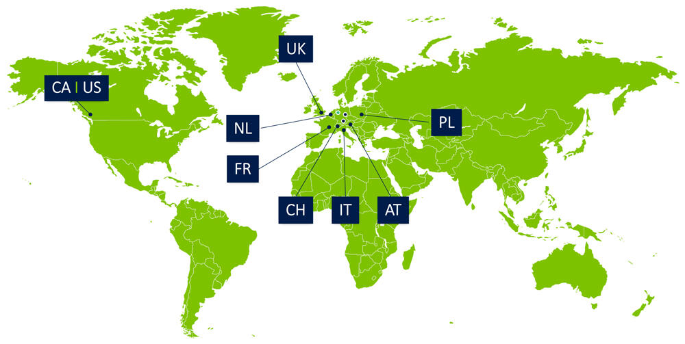 The locations of the Kampmann Group marked on a green world map