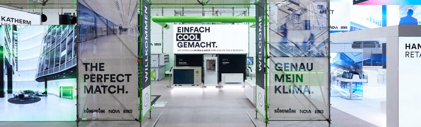 Entrance to the Kampmann, emco Klima and NOVA stand at the ISH trade fair with scaffolding and banners