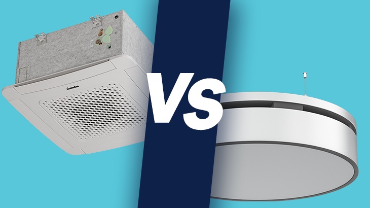 Ceiling cassette and ceiling-mounted unit compared 